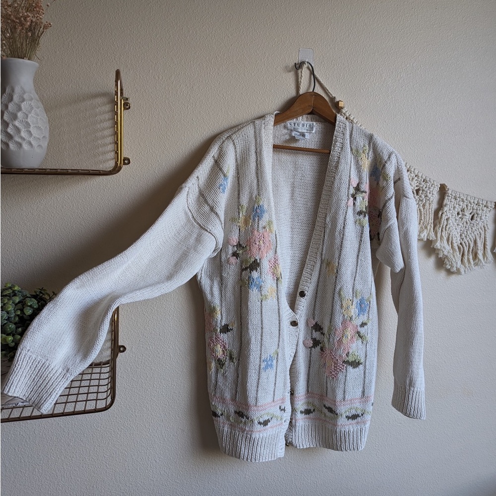 Vintage handknit Studio Michelle Stuart floral sweater button up, medium